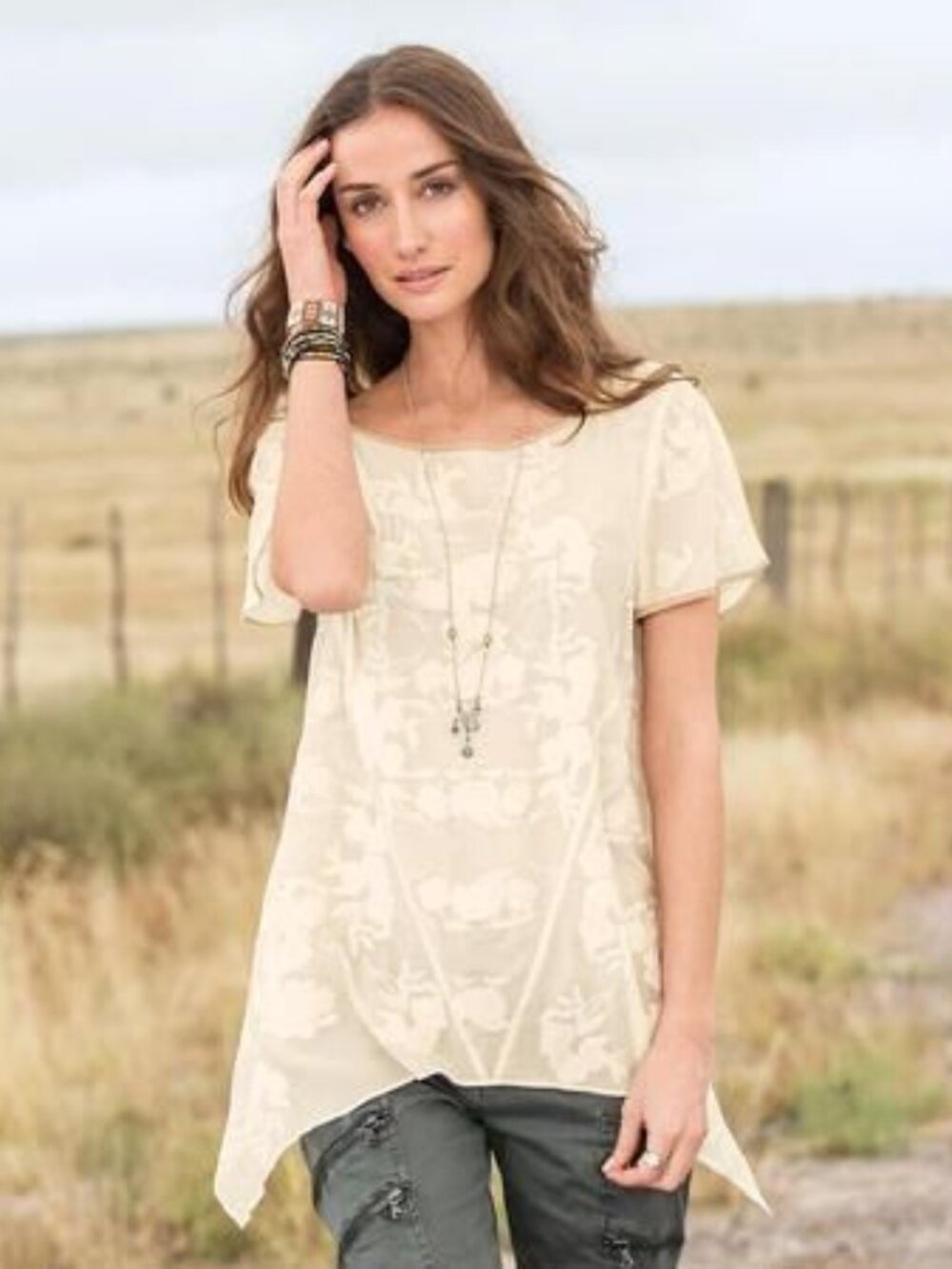 SUNDANCE: Embroidered Handkerchief Hem Tee